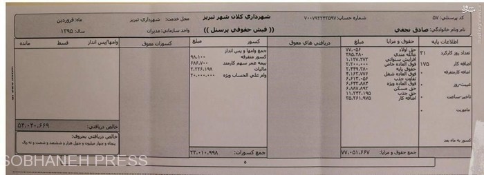 شهردار تبریز فیش حقوقی سه ماهه 95 خود را  منتشر کرد+عکس