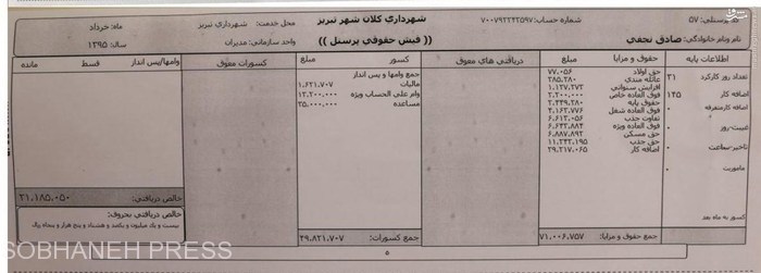 شهردار تبریز فیش حقوقی سه ماهه 95 خود را  منتشر کرد+عکس